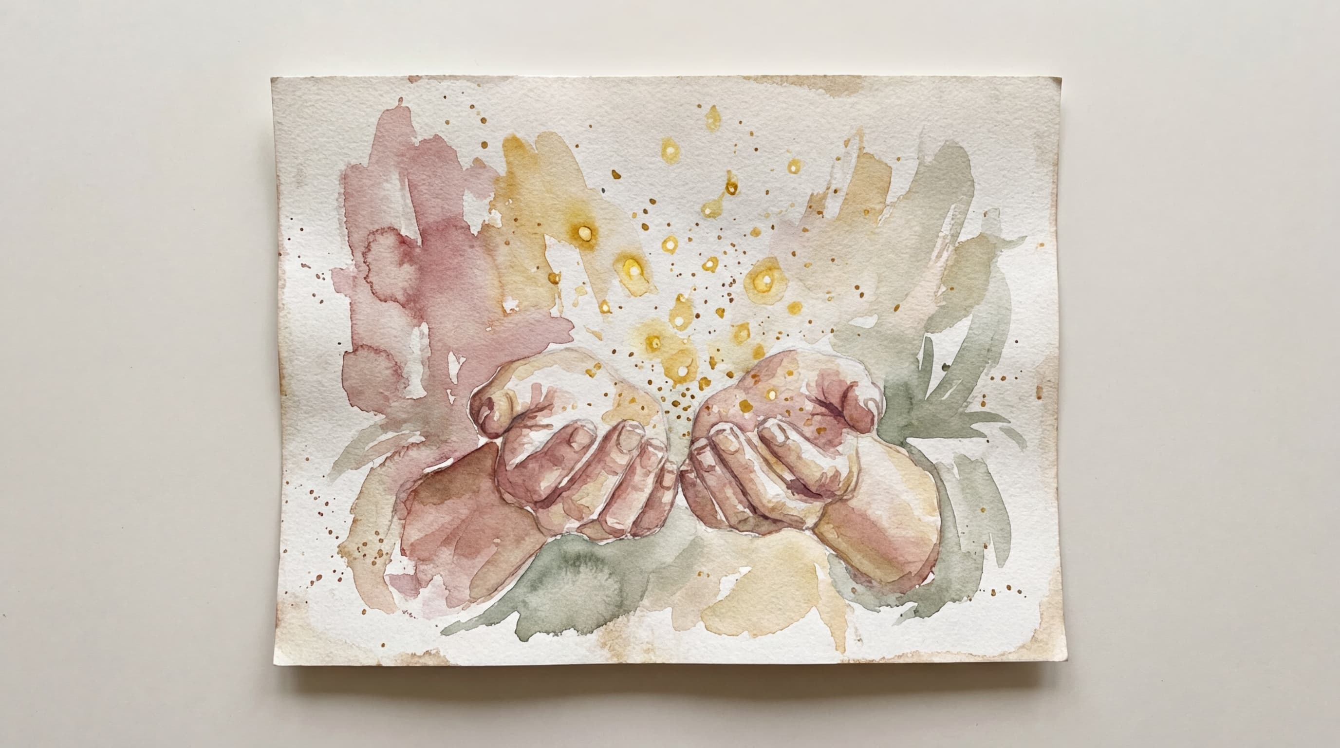 Watercolor painting of hands releasing golden light upward