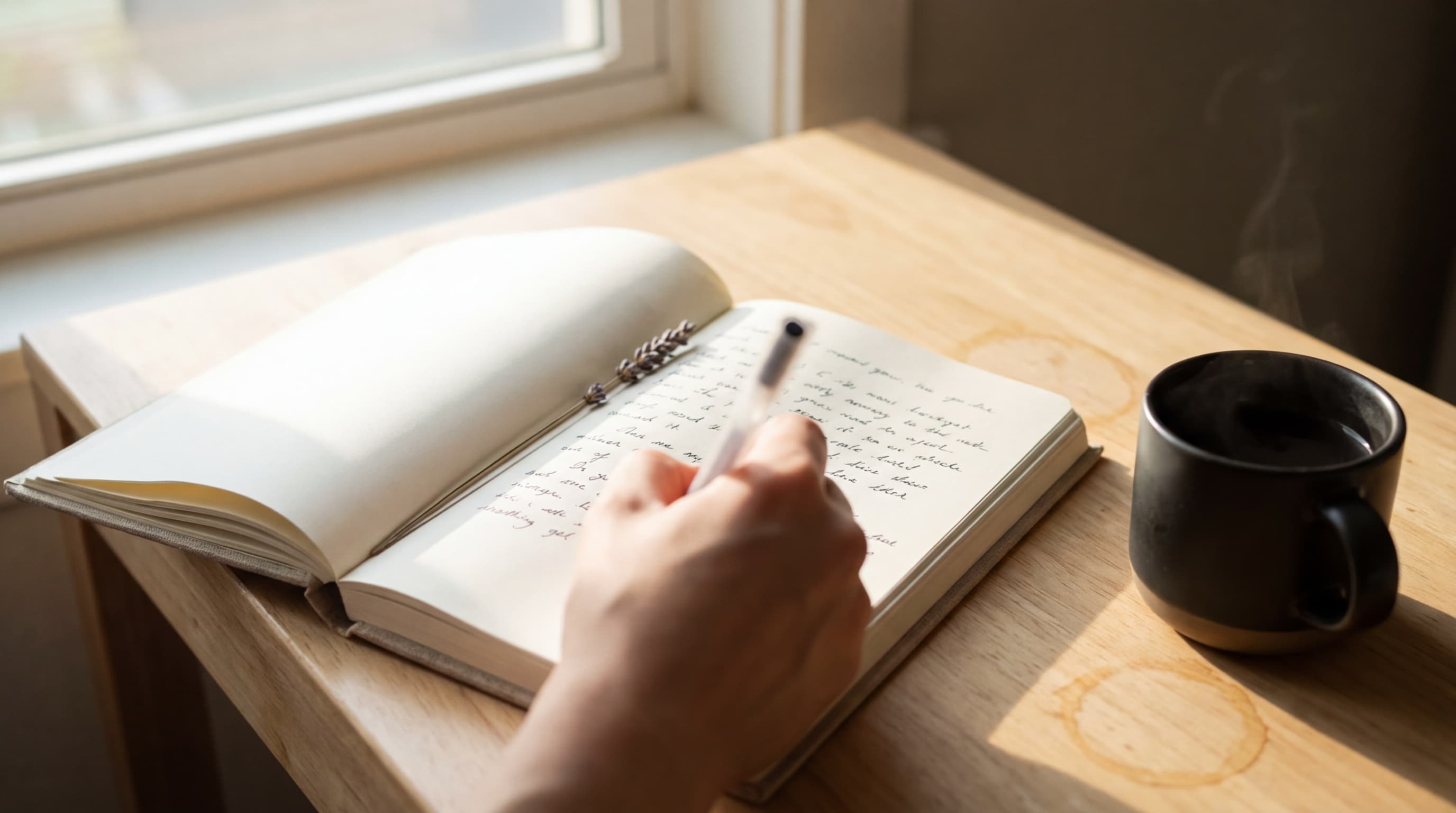 Hands writing in a journal on a wooden desk with warm morning light