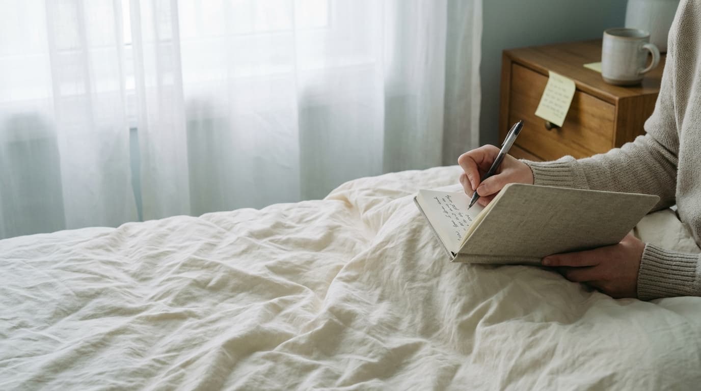 Hands writing in a journal on a bed in soft morning light