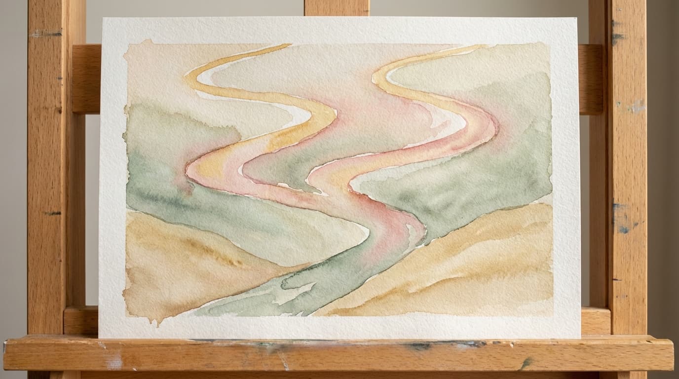 Watercolor of two rivers merging into one stream through gentle hills