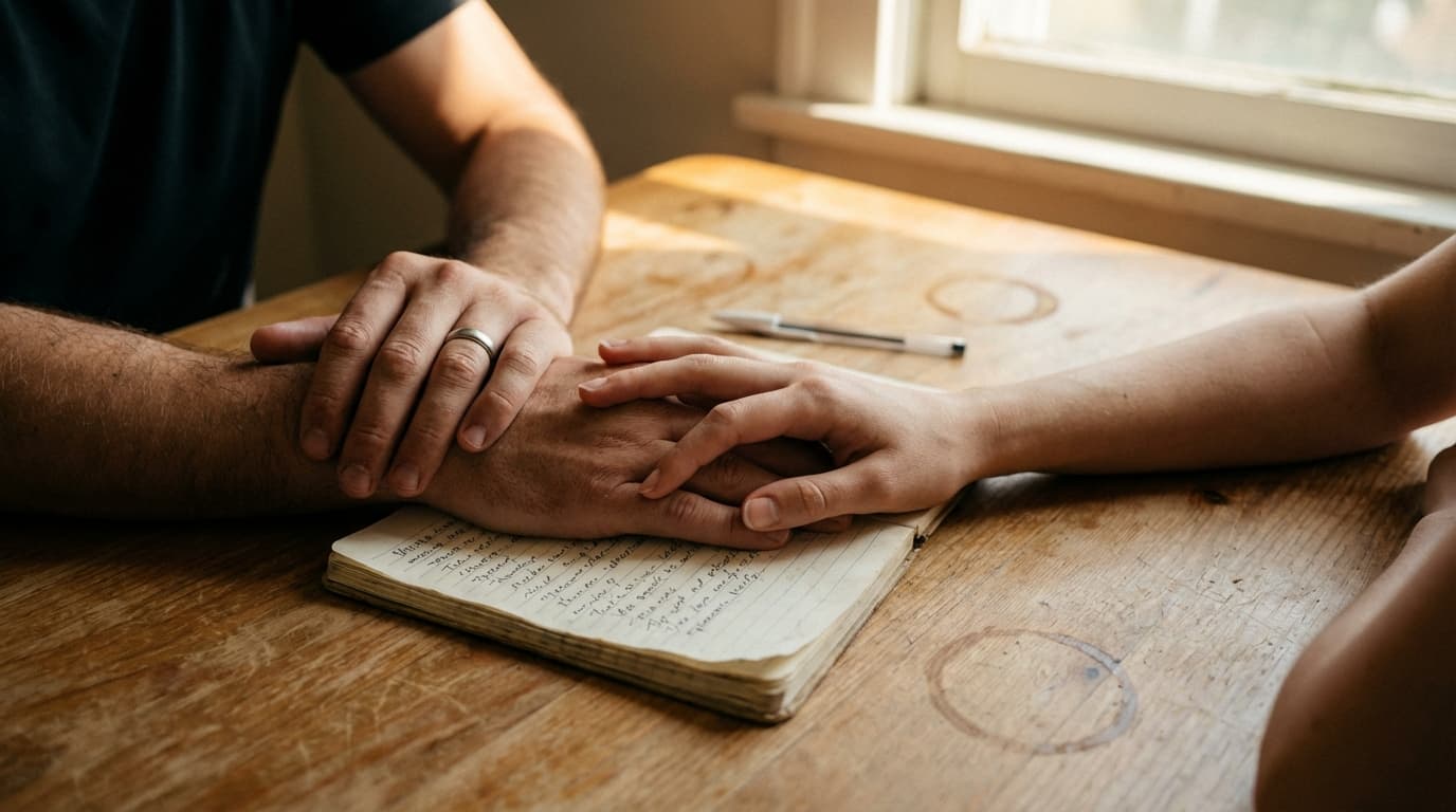 Hands writing in a journal on a kitchen table with morning light