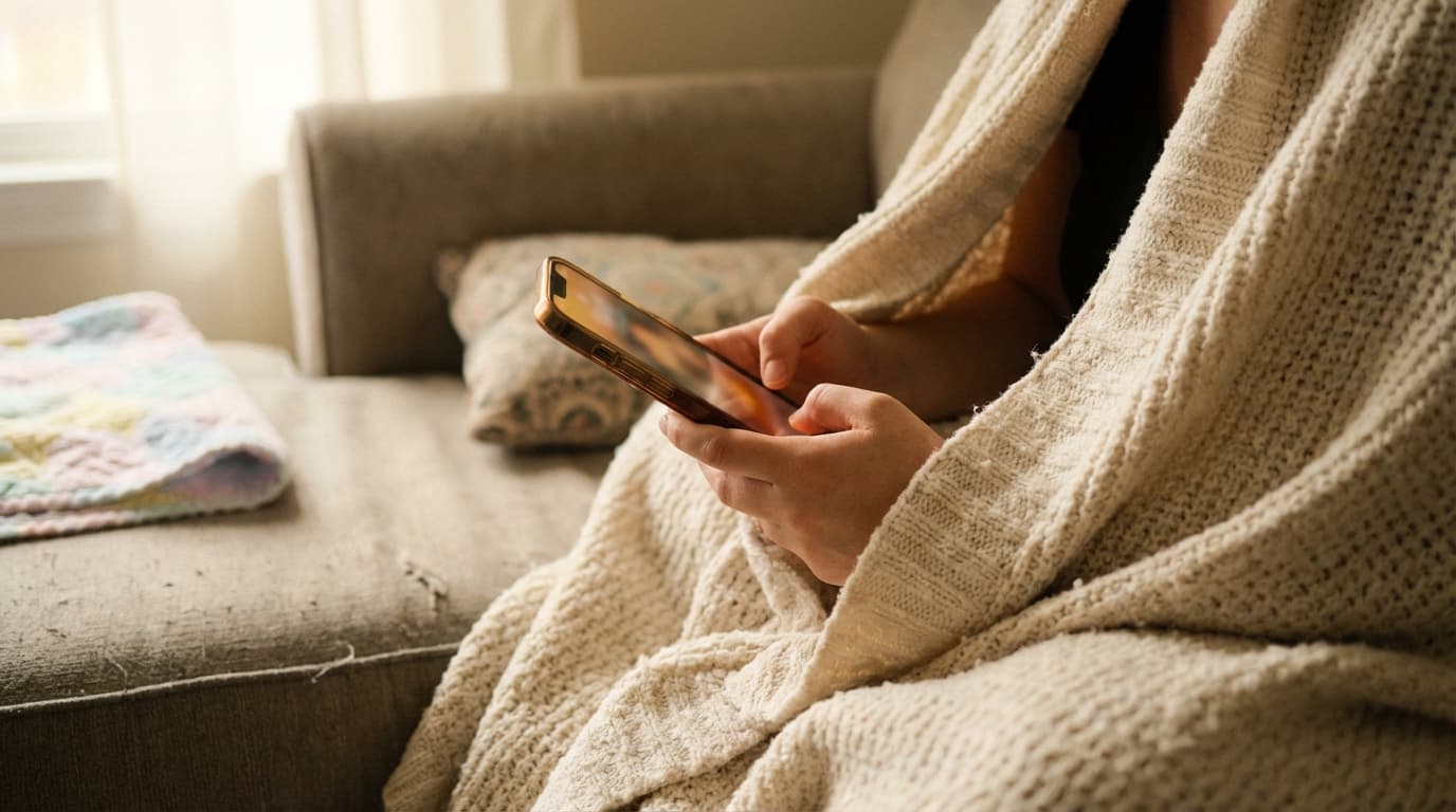 Hands holding a phone with a soft blanket in the background