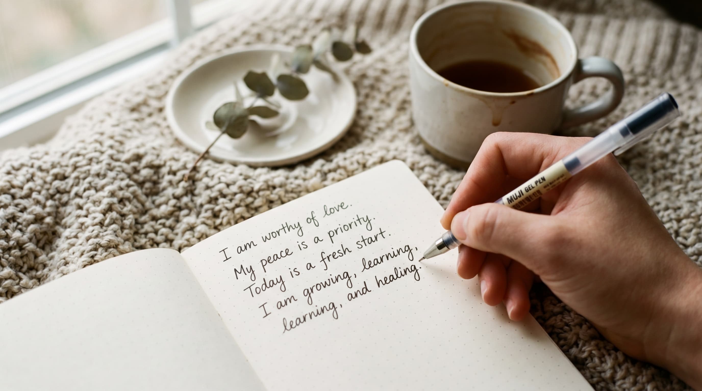 Hand writing affirmations in a journal on a soft wool blanket