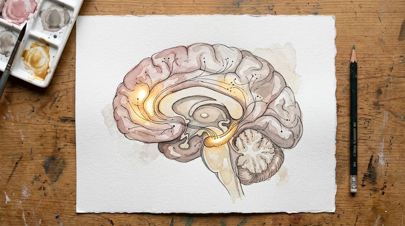Watercolor illustration of a brain with highlighted reward pathways in warm gold