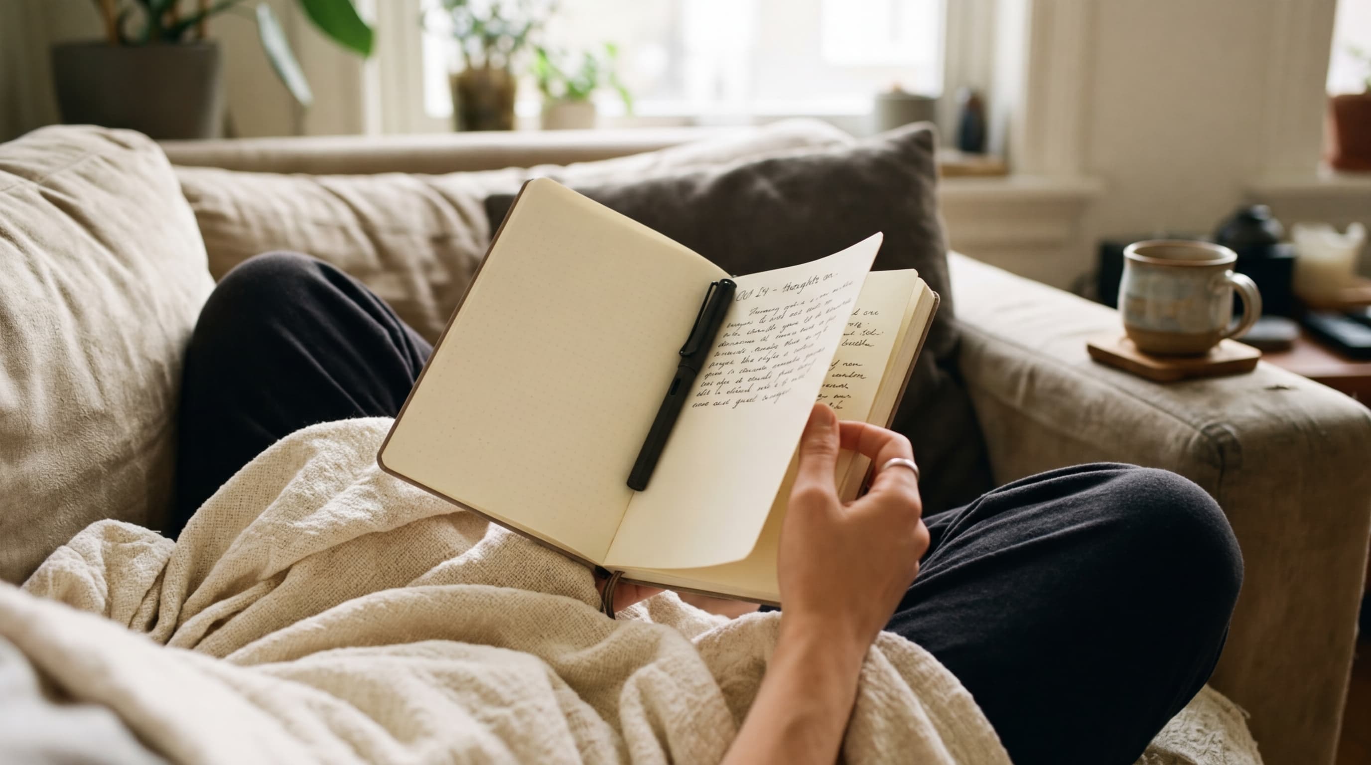 Person holding an open journal on their lap on a couch in warm afternoon light