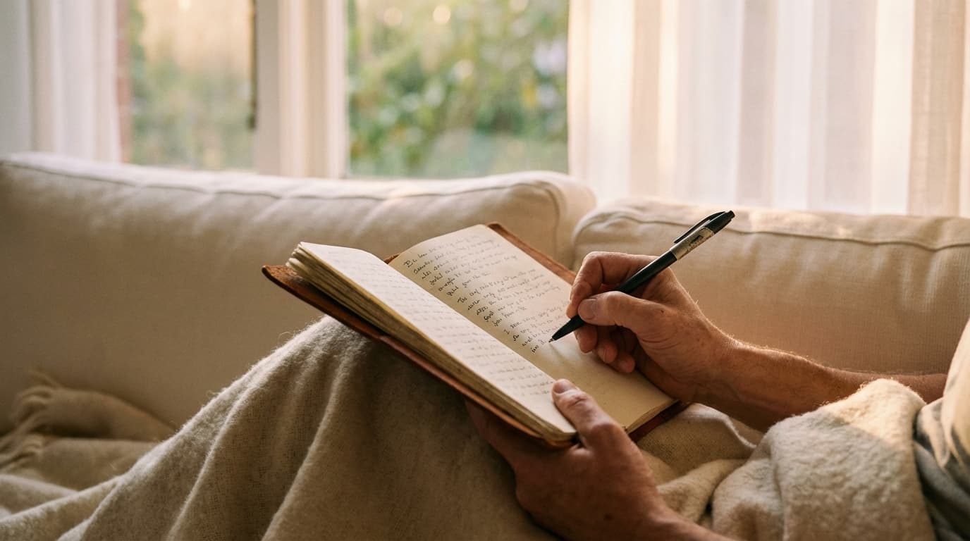 Hands writing in a journal on a couch near a window with morning light
