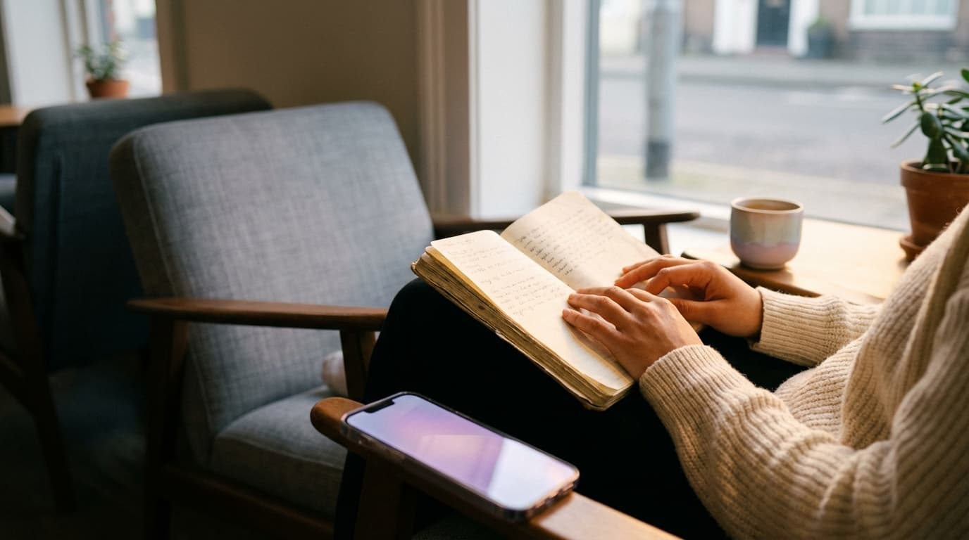 Person sitting with a notebook and coffee in morning light